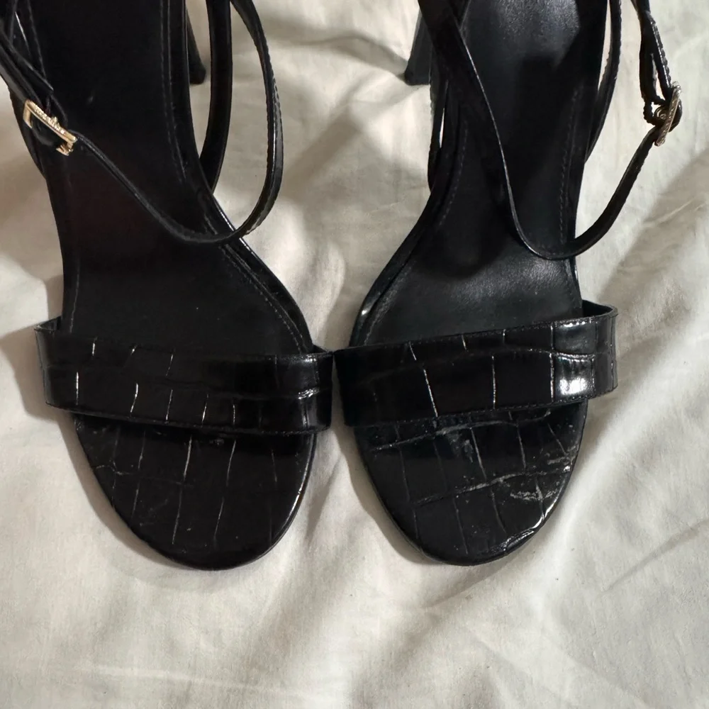 Michael Kors Cardi Croc Black Strappy Heels with Gold Buckles